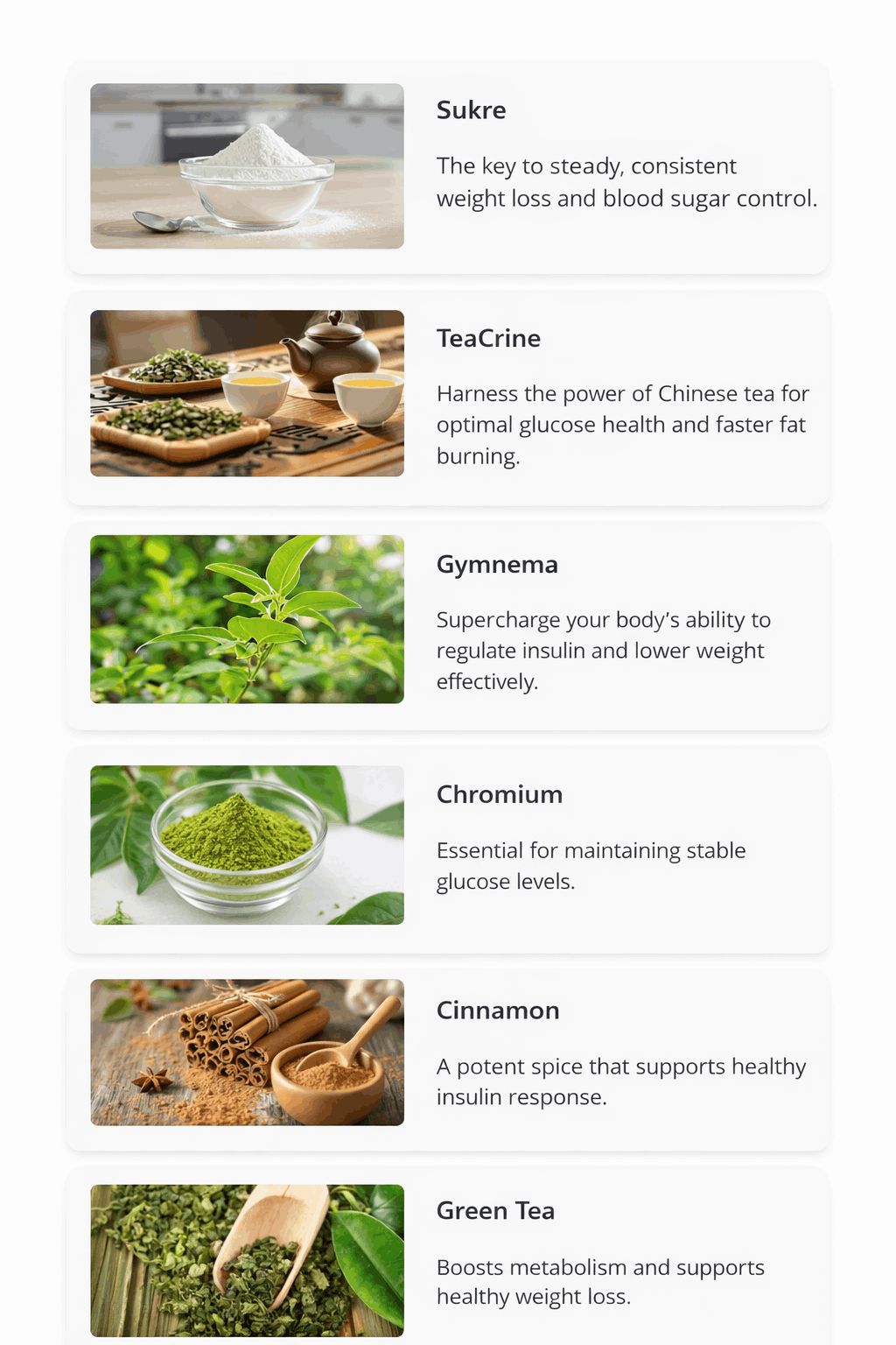Natural ingredients used in Gluco6 supplement including cinnamon bitter melon and gymnema sylvestre