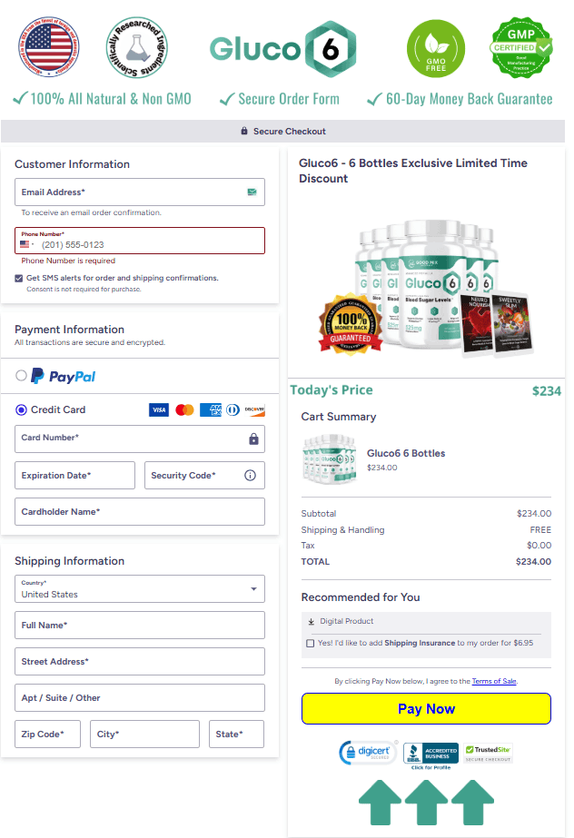 Official Gluco6 checkout page showing secure order form and supplement purchase options